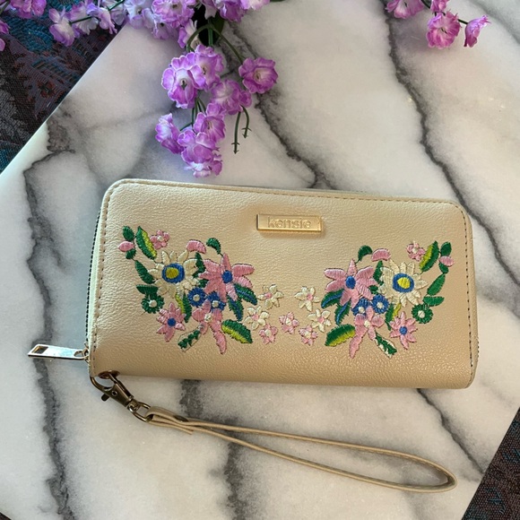 Kenzie Beige Zip-Around Floral Embroidered Wristlet Wallet, colorful flowers - Picture 9 of 9